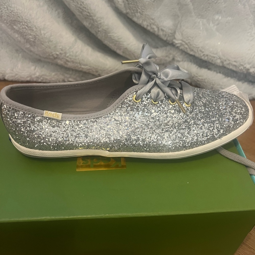 kate spade Silver Glitter Lace-Up Flat Sneaker